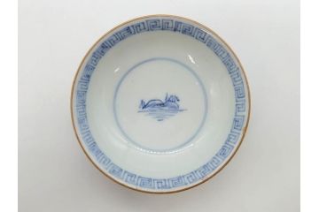 江戸期　伊万里　染付　山水図　約11cm　3.4寸　爽やかな色合いが素敵な蓋付き茶碗3客セット(和食器、三寸四分)(R-073112)