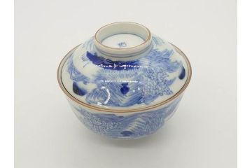 江戸期　伊万里　染付　山水図　約11cm　3.4寸　爽やかな色合いが素敵な蓋付き茶碗3客セット(和食器、三寸四分)(R-073112)