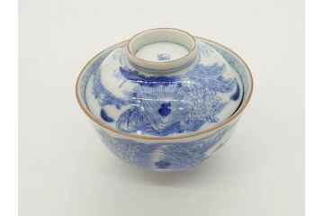江戸期　伊万里　染付　山水図　約11cm　3.4寸　爽やかな色合いが素敵な蓋付き茶碗3客セット(和食器、三寸四分)(R-073112)
