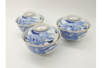 江戸期　伊万里　染付　山水図　約11cm　3.5寸　爽やかな色合いが素敵な蓋付き茶碗3客セット(和食器、三寸五分)(R-073113)