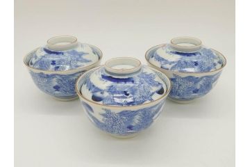 江戸期　伊万里　染付　山水図　約11cm　3.5寸　爽やかな色合いが素敵な蓋付き茶碗3客セット(和食器、三寸五分)(R-073113)