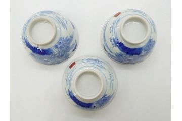 江戸期　伊万里　染付　山水図　約11cm　3.5寸　爽やかな色合いが素敵な蓋付き茶碗3客セット(和食器、三寸五分)(R-073113)