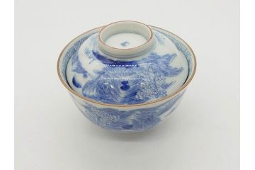 江戸期　伊万里　染付　山水図　約11cm　3.5寸　爽やかな色合いが素敵な蓋付き茶碗3客セット(和食器、三寸五分)(R-073113)