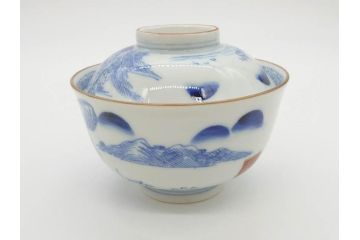 江戸期　伊万里　染付　山水図　約11cm　3.5寸　爽やかな色合いが素敵な蓋付き茶碗3客セット(和食器、三寸五分)(R-073113)