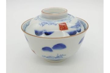 江戸期　伊万里　染付　山水図　約11cm　3.5寸　爽やかな色合いが素敵な蓋付き茶碗3客セット(和食器、三寸五分)(R-073113)