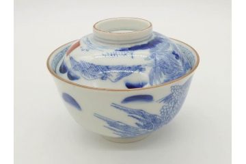 江戸期　伊万里　染付　山水図　約11cm　3.5寸　爽やかな色合いが素敵な蓋付き茶碗3客セット(和食器、三寸五分)(R-073113)