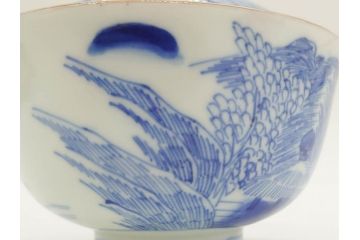 江戸期　伊万里　染付　山水図　約11cm　3.5寸　爽やかな色合いが素敵な蓋付き茶碗3客セット(和食器、三寸五分)(R-073113)
