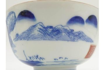 江戸期　伊万里　染付　山水図　約11cm　3.5寸　爽やかな色合いが素敵な蓋付き茶碗3客セット(和食器、三寸五分)(R-073113)