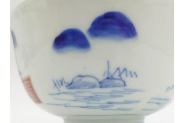 江戸期　伊万里　染付　山水図　約11cm　3.5寸　爽やかな色合いが素敵な蓋付き茶碗3客セット(和食器、三寸五分)(R-073113)