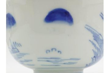 江戸期　伊万里　染付　山水図　約11cm　3.5寸　爽やかな色合いが素敵な蓋付き茶碗3客セット(和食器、三寸五分)(R-073113)