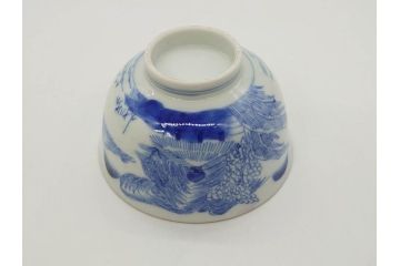 江戸期　伊万里　染付　山水図　約11cm　3.5寸　爽やかな色合いが素敵な蓋付き茶碗3客セット(和食器、三寸五分)(R-073113)