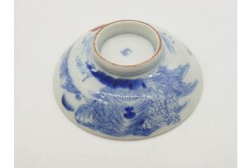 江戸期　伊万里　染付　山水図　約11cm　3.5寸　爽やかな色合いが素敵な蓋付き茶碗3客セット(和食器、三寸五分)(R-073113)