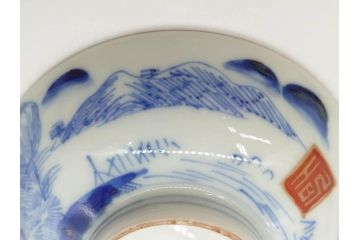 江戸期　伊万里　染付　山水図　約11cm　3.5寸　爽やかな色合いが素敵な蓋付き茶碗3客セット(和食器、三寸五分)(R-073113)