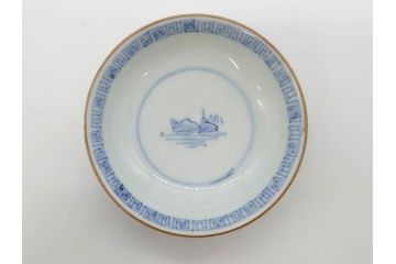 江戸期　伊万里　染付　山水図　約11cm　3.5寸　爽やかな色合いが素敵な蓋付き茶碗3客セット(和食器、三寸五分)(R-073113)