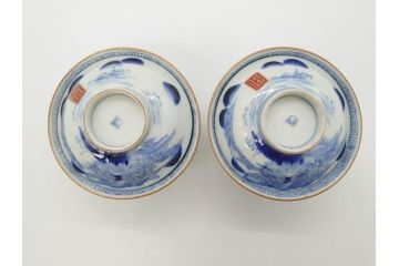 江戸期　伊万里　染付　山水図　約11cm　3.5寸　爽やかな色合いが素敵な蓋付き茶碗2客セット(和食器、三寸五分)(R-073114)
