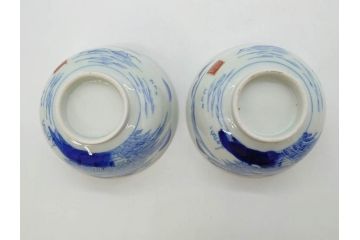 江戸期　伊万里　染付　山水図　約11cm　3.5寸　爽やかな色合いが素敵な蓋付き茶碗2客セット(和食器、三寸五分)(R-073114)