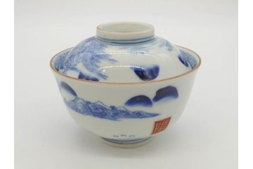 江戸期　伊万里　染付　山水図　約11cm　3.5寸　爽やかな色合いが素敵な蓋付き茶碗2客セット(和食器、三寸五分)(R-073114)