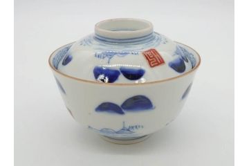 江戸期　伊万里　染付　山水図　約11cm　3.5寸　爽やかな色合いが素敵な蓋付き茶碗2客セット(和食器、三寸五分)(R-073114)