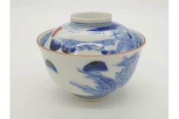 江戸期　伊万里　染付　山水図　約11cm　3.5寸　爽やかな色合いが素敵な蓋付き茶碗2客セット(和食器、三寸五分)(R-073114)
