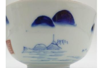 江戸期　伊万里　染付　山水図　約11cm　3.5寸　爽やかな色合いが素敵な蓋付き茶碗2客セット(和食器、三寸五分)(R-073114)