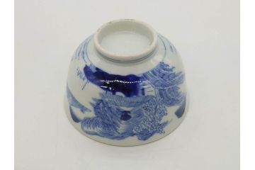 江戸期　伊万里　染付　山水図　約11cm　3.5寸　爽やかな色合いが素敵な蓋付き茶碗2客セット(和食器、三寸五分)(R-073114)