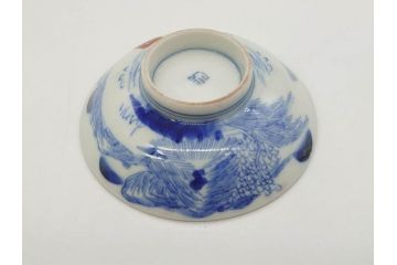 江戸期　伊万里　染付　山水図　約11cm　3.5寸　爽やかな色合いが素敵な蓋付き茶碗2客セット(和食器、三寸五分)(R-073114)