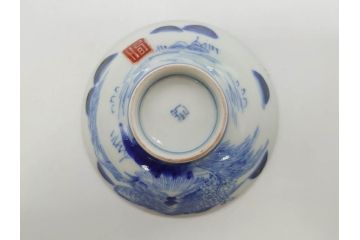 江戸期　伊万里　染付　山水図　約11cm　3.5寸　爽やかな色合いが素敵な蓋付き茶碗2客セット(和食器、三寸五分)(R-073114)