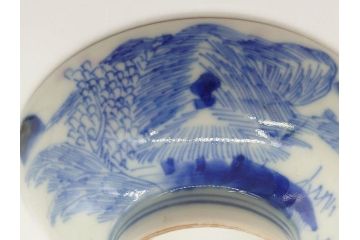 江戸期　伊万里　染付　山水図　約11cm　3.5寸　爽やかな色合いが素敵な蓋付き茶碗2客セット(和食器、三寸五分)(R-073114)