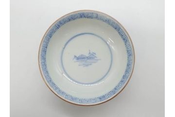 江戸期　伊万里　染付　山水図　約11cm　3.5寸　爽やかな色合いが素敵な蓋付き茶碗2客セット(和食器、三寸五分)(R-073114)