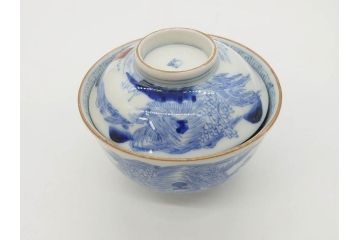 江戸期　伊万里　染付　山水図　約11cm　3.5寸　爽やかな色合いが素敵な蓋付き茶碗2客セット(和食器、三寸五分)(R-073114)