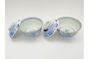 江戸期　伊万里　染付　山水図　約11cm　3.5寸　爽やかな色合いが素敵な蓋付き茶碗2客セット(和食器、三寸五分)(R-073115)