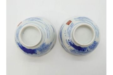 江戸期　伊万里　染付　山水図　約11cm　3.5寸　爽やかな色合いが素敵な蓋付き茶碗2客セット(和食器、三寸五分)(R-073115)