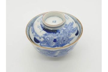 江戸期　伊万里　染付　山水図　約11cm　3.5寸　爽やかな色合いが素敵な蓋付き茶碗2客セット(和食器、三寸五分)(R-073115)