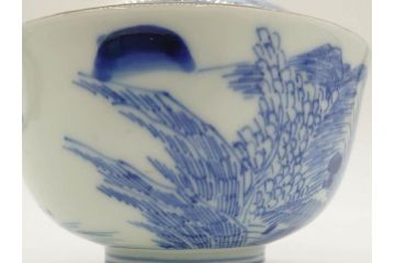 江戸期　伊万里　染付　山水図　約11cm　3.5寸　爽やかな色合いが素敵な蓋付き茶碗2客セット(和食器、三寸五分)(R-073115)