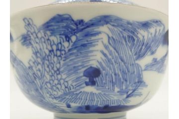 江戸期　伊万里　染付　山水図　約11cm　3.5寸　爽やかな色合いが素敵な蓋付き茶碗2客セット(和食器、三寸五分)(R-073115)