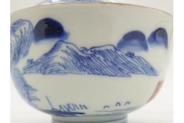 江戸期　伊万里　染付　山水図　約11cm　3.5寸　爽やかな色合いが素敵な蓋付き茶碗2客セット(和食器、三寸五分)(R-073115)