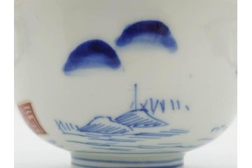 江戸期　伊万里　染付　山水図　約11cm　3.5寸　爽やかな色合いが素敵な蓋付き茶碗2客セット(和食器、三寸五分)(R-073115)