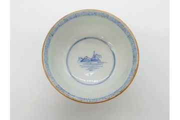 江戸期　伊万里　染付　山水図　約11cm　3.5寸　爽やかな色合いが素敵な蓋付き茶碗2客セット(和食器、三寸五分)(R-073115)