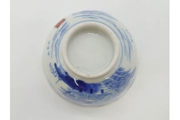 江戸期　伊万里　染付　山水図　約11cm　3.5寸　爽やかな色合いが素敵な蓋付き茶碗2客セット(和食器、三寸五分)(R-073115)