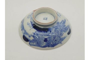 江戸期　伊万里　染付　山水図　約11cm　3.5寸　爽やかな色合いが素敵な蓋付き茶碗2客セット(和食器、三寸五分)(R-073115)