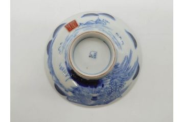 江戸期　伊万里　染付　山水図　約11cm　3.5寸　爽やかな色合いが素敵な蓋付き茶碗2客セット(和食器、三寸五分)(R-073115)