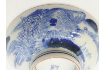 江戸期　伊万里　染付　山水図　約11cm　3.5寸　爽やかな色合いが素敵な蓋付き茶碗2客セット(和食器、三寸五分)(R-073115)