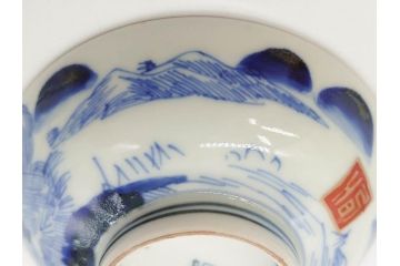江戸期　伊万里　染付　山水図　約11cm　3.5寸　爽やかな色合いが素敵な蓋付き茶碗2客セット(和食器、三寸五分)(R-073115)