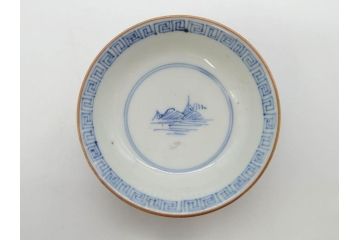 江戸期　伊万里　染付　山水図　約11cm　3.5寸　爽やかな色合いが素敵な蓋付き茶碗2客セット(和食器、三寸五分)(R-073115)