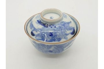 江戸期　伊万里　染付　山水図　約11cm　3.5寸　爽やかな色合いが素敵な蓋付き茶碗2客セット(和食器、三寸五分)(R-073115)