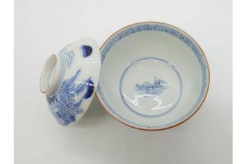 江戸期　伊万里　染付　山水図　約11cm　3.5寸　爽やかな色合いが素敵な蓋付き茶碗2客セット(和食器、三寸五分)(R-073115)