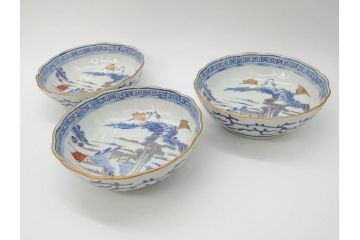 江戸期　伊万里　染付　金彩　山水図　約15cm　4.9寸　上質な和の雰囲気を醸し出すなます皿3枚セット(中皿、和皿、和食器、四寸九分)(R-073116)