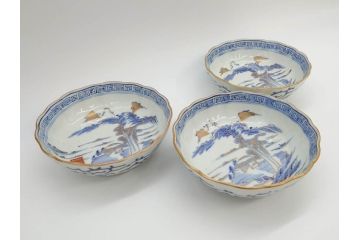 江戸期　伊万里　染付　金彩　山水図　約15cm　4.9寸　上質な和の雰囲気を醸し出すなます皿3枚セット(中皿、和皿、和食器、四寸九分)(R-073116)