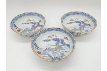 江戸期　伊万里　染付　金彩　山水図　約15cm　4.9寸　上質な和の雰囲気を醸し出すなます皿3枚セット(中皿、和皿、和食器、四寸九分)(R-073116)