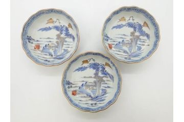 江戸期　伊万里　染付　金彩　山水図　約15cm　4.9寸　上質な和の雰囲気を醸し出すなます皿3枚セット(中皿、和皿、和食器、四寸九分)(R-073116)